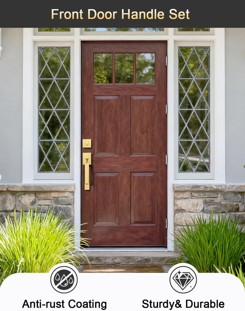 Tinewa Gold Square Front Door Handle with Classic Door Lever and Single Cylinder Deadbolt, Upgrated Exterior Entry Door Lock, Reversible for Left & Right Handed 1 Pack - Image 3